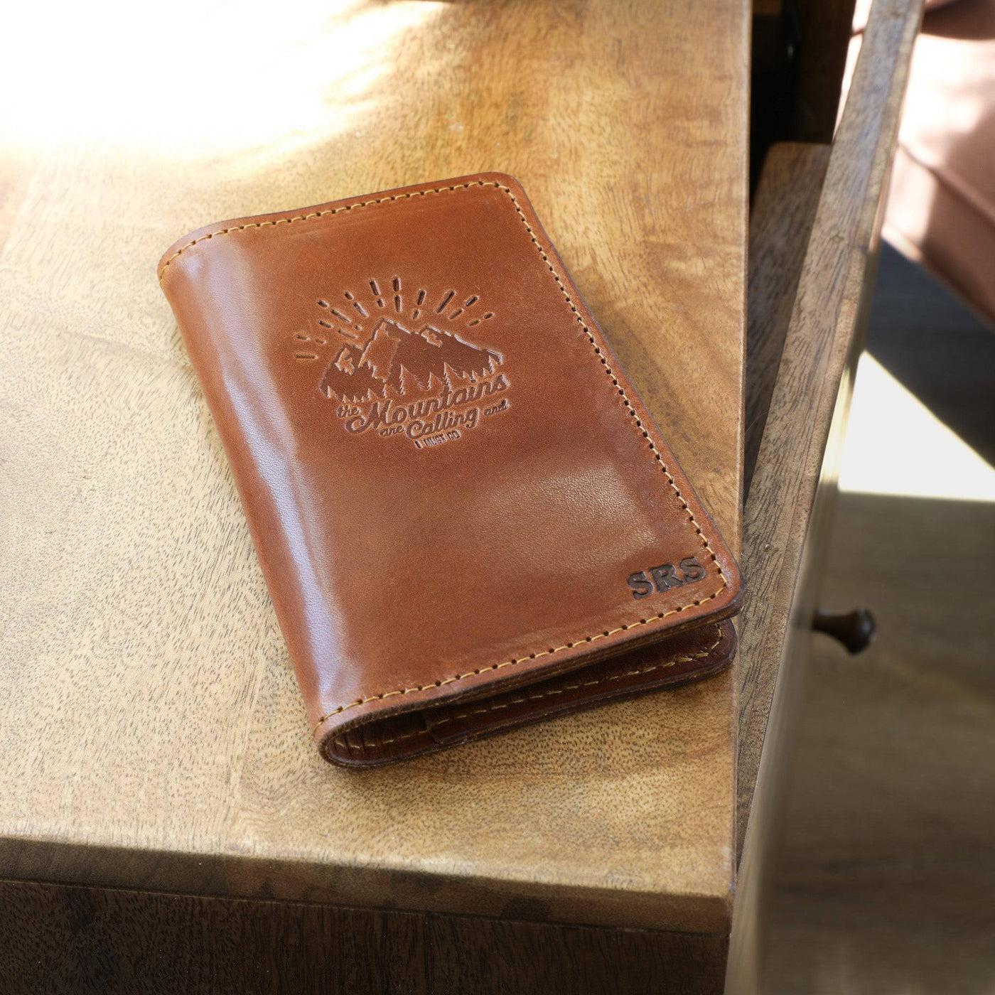 Closed Personalized Lifetime Leather Field Notes Wallet on a table.
