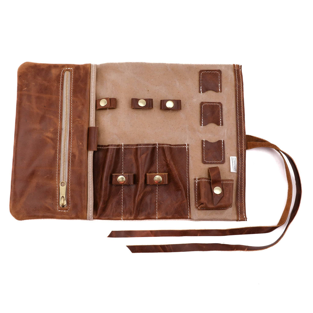 [color:Natural and Brandy] Leather and Canvas Tech Roll - Lifetime Leather Co