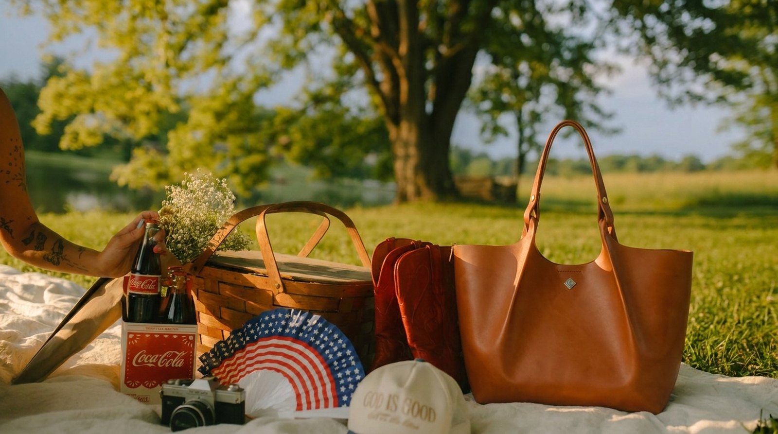 A Lifetime Leather tote on a picnic blanket beside a wicker basket, red boots, and an American-flag fan